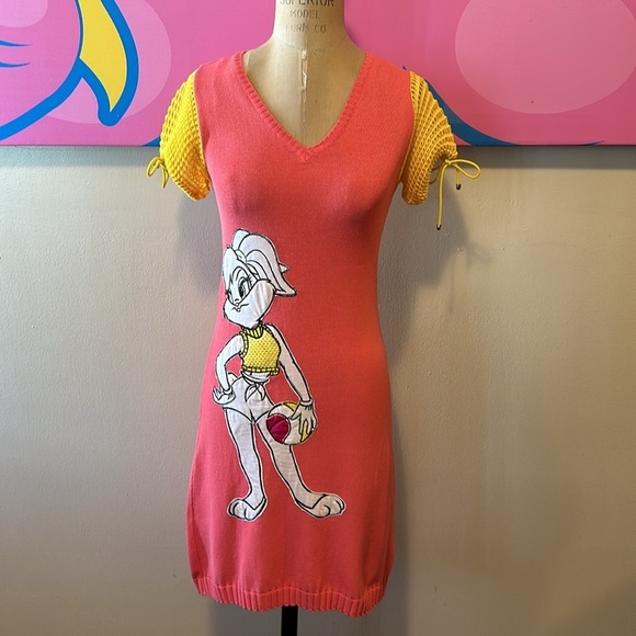 JC de Castelbajac Pink Yellow Bunny Knit Puff Sleeve Dress LooneyTunes - Picture 2 of 13